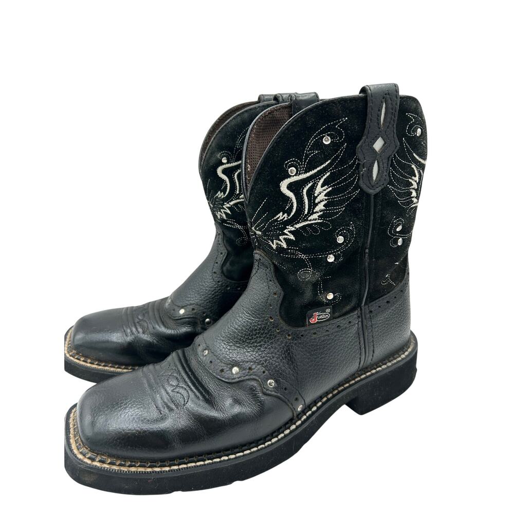Justin Mandra Gypsy Western Cowgirl Boots Black Sparkle Leather Suede Square 9.5 - Picture 4 of 8